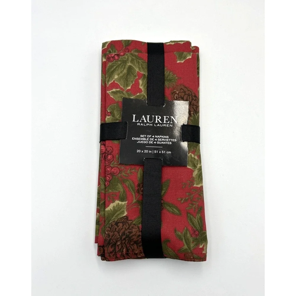 Ralph Lauren Birchmont Set of 4 Red Berry Christmas Winter Cloth Napkins 20x20